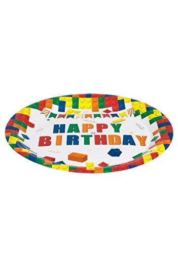SHOPIENS Set 10 Pieces Paper Plates 23cm White With Colorful Brick Pattern and Happy Birthday Print for Kids'