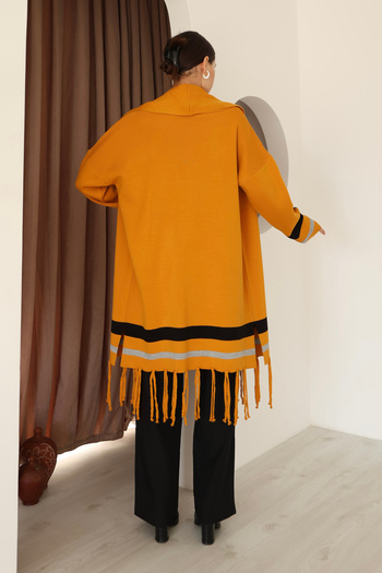 ALCHON U-Neck Long Sleeve Striped Stripe Interlace Pattern Skirt Tassel Shawl Look Seasonal Knitwear Cardigan