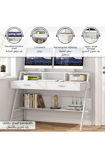micasa Open Shelving Durable Computer Table with Monitor Self and Drawers