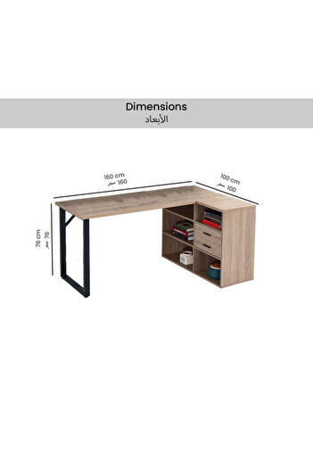 micasa Epsom 5-Tier Shelf and 2-Drawer Metal Frame Particle Board L-Shaped Computer Desk