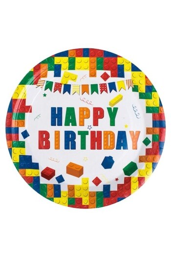 SHOPIENS Set 10 Pieces Paper Plates 23cm White With Colorful Brick Pattern and Happy Birthday Print for Kids'