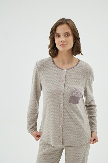 Sevim Women's Buttoned Long Sleeve Pocket Detailed Beige Pajama Set C2T2N961