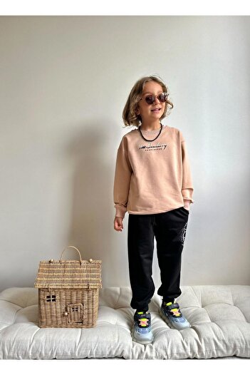 Patriko Boys' Embosed Printed Camel Color New Season Long Sleeve Bottom Top Tracksuit Set