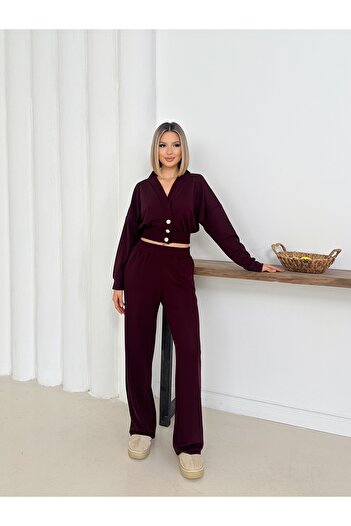 LE CARAMBOLE Women's Burgundy Buttoned Front Blouse Pants Two Piece Set