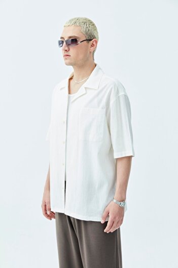 VAMOSCLO Pocket Detailed Short Sleeve Oversize Linen Shirt Ecru