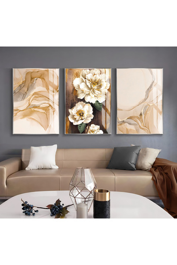 Harikabirev Hari̇kabi̇rev | Soft Gold Abstract Pattern Flower Model | Framed Glass Table 3-Piece Vertical