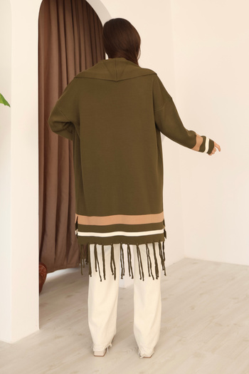 ALCHON U-Neck Long Sleeve Striped Stripe Interlace Pattern Skirt Tassel Shawl Look Seasonal Knitwear Cardigan
