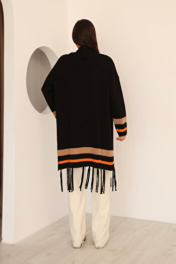 ALCHON U-Neck Long Sleeve Striped Stripe Interlace Pattern Skirt Tassel Shawl Look Seasonal Knitwear Cardigan