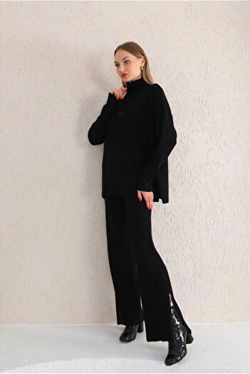 STF MODA Set de tricotaje din piele pentru femei, cu guler cu nervuri, cu fermoar, cu fante pe picioare și pe laterale