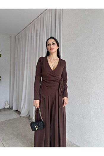 solena sln Women's Blouse with Tie Detail and Pants, Stylish Two-Piece Set