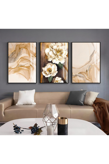 Harikabirev Hari̇kabi̇rev | Soft Gold Abstract Pattern Flower Model | Framed Glass Table 3-Piece Vertical