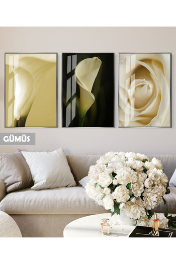 Harikabirev Hari̇kabi̇rev | Yellow Color Tulip Combination Soft | Framed Glass Table 3-Piece Vertical