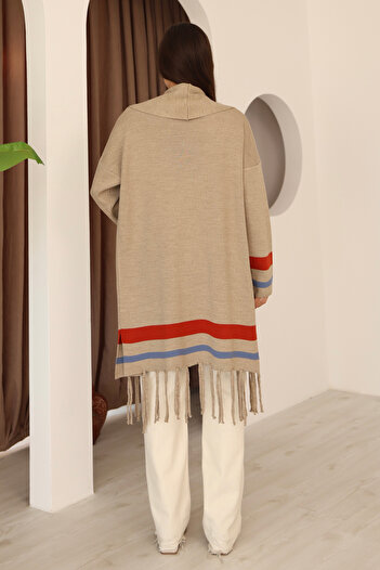 ALCHON U-Neck Long Sleeve Striped Stripe Interlace Pattern Skirt Tassel Shawl Look Seasonal Knitwear Cardigan