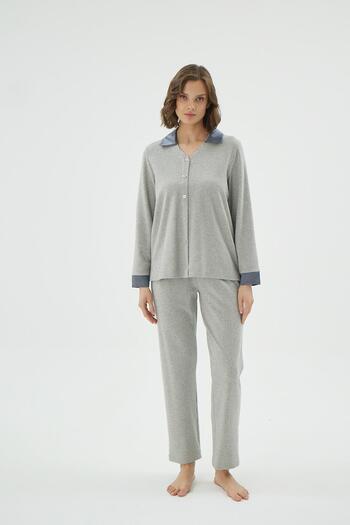 Sevim Women's Buttoned Satin Collar Long Sleeve Grey Pajama Set C9T1N961