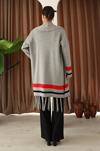 ALCHON U-Neck Long Sleeve Striped Stripe Interlace Pattern Skirt Tassel Shawl Look Seasonal Knitwear Cardigan