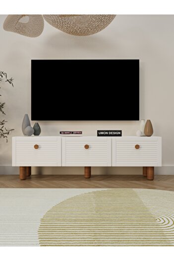 umondesign Havana Tv Ünitesi 150 cm Üç Kapaklı Panjur MDF Kapak Raflı Ayaklı Bohem TV Sehpası