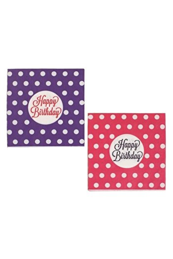 SHOPIENS Set 20 Servetele Masa 2 Straturi 33x33cm Fucsia Mov Cu Buline Si Imprimeu Happy Birthday