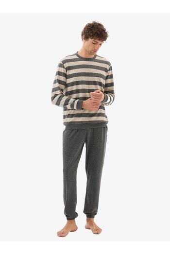 Blackspade Men's Anthracite Pajama Set – Striped Top, Long Sleeves, Elasticated Legs C7T9N704