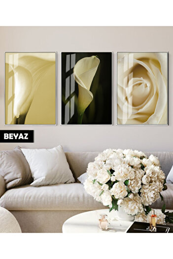 Harikabirev Hari̇kabi̇rev | Yellow Color Tulip Combination Soft | Framed Glass Table 3-Piece Vertical