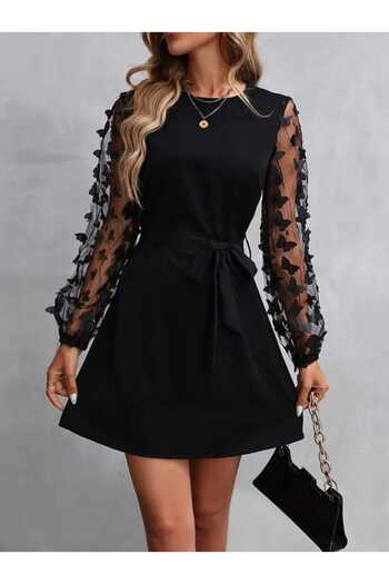 Kokosh moda Rochie mini creponată pentru femei, cu decolteu rotund, cu mâneci cu detaliu din tul