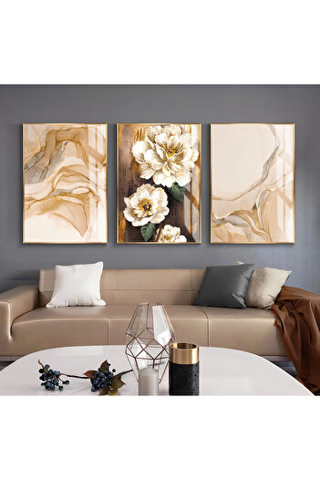 Harikabirev Hari̇kabi̇rev | Soft Gold Abstract Pattern Flower Model | Framed Glass Table 3-Piece Vertical