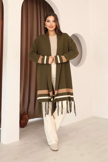 ALCHON U-Neck Long Sleeve Striped Stripe Interlace Pattern Skirt Tassel Shawl Look Seasonal Knitwear Cardigan