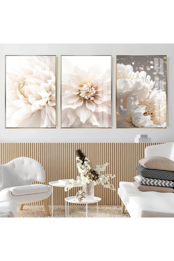Harikabirev Hari̇kabi̇rev | Soft White-Cream Tone Flowers Model | Framed Glass Table 3-Piece Vertical