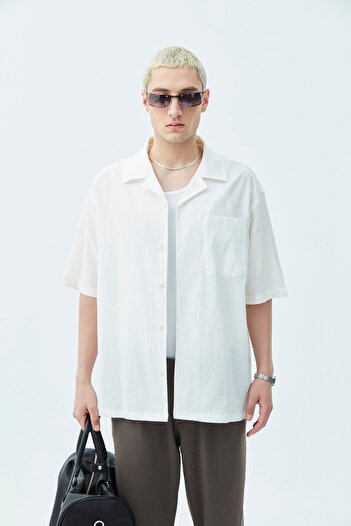 VAMOSCLO Pocket Detailed Short Sleeve Oversize Linen Shirt Ecru