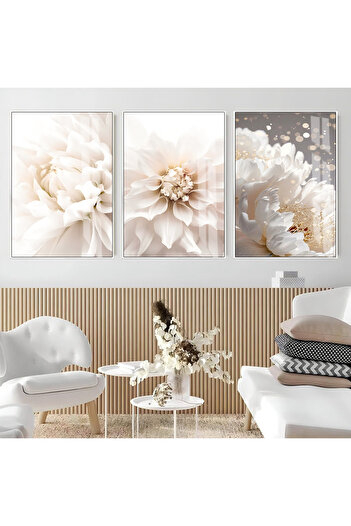 Harikabirev Hari̇kabi̇rev | Soft White-Cream Tone Flowers Model | Framed Glass Table 3-Piece Vertical