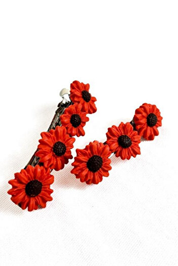 Uretti - Hülya 6683 Handmade Floral Patterned Polymer Clay Set of 2 Clip-On Hair Clips / 8 cm - 6 cm