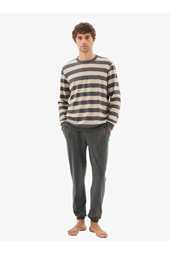 Blackspade Men's Anthracite Pajama Set – Striped Top, Long Sleeves, Elasticated Legs C7T9N704