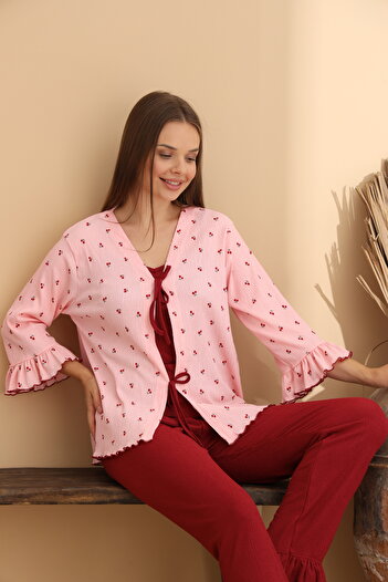 ELİTOL Cherry Patterned Wrinkled Knitted Long Sleeve Women's Robe Pajama Set