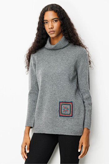 Desen Triko Women's Degaje Collar Pocket and Collar Crocheted Wool Sweater Smoked