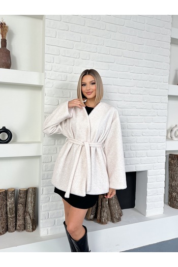 MODAMERSİ Women's Cream Belted Lined Fur Coat