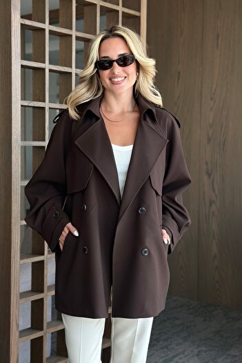 Laluvia Bitter Brown Leather Rope Belted Windbreaker Trench Coat - 7488