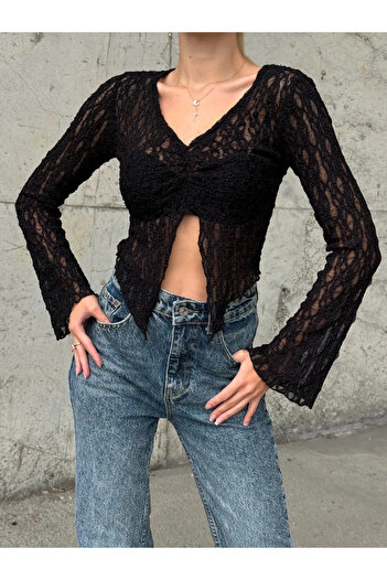hazelin Women's Black Gathered Front Spanish Sleeve Tulle Blouse Hzl24S-Zk13381