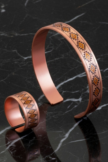 OSMANLI GÜMÜŞ Women's Copper Bracelet Ring Set - Lenka Model Special Edition Metal Box and Quartz Stone