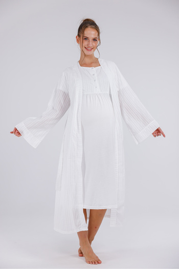 LOHOUSE Women's Ecru Striped Linen Maternity Nightgown-Dressing Gown Set of 2