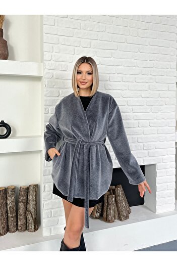 MODAMERSİ Women's Gray Belted Lined Fur Coat