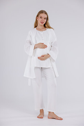 LOHOUSE Women's Ecru Striped Linen Maternity Pajama Set with Dressing Gown, 3-Piece Pajama Set