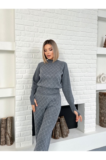 MODAMERSİ Women's Gray Knitwear Set with Stone Detail on the Bottom and Top