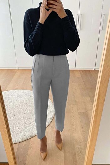 Madmext Gray Front Pleated High Waist Women's Trousers Mg2425