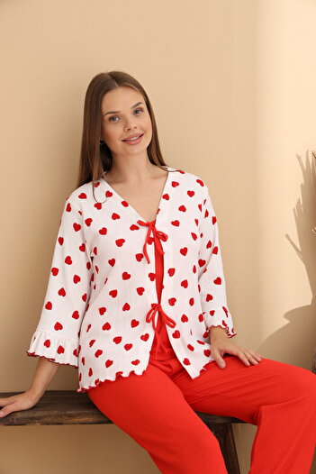 ELİTOL Heart Patterned Wrinkled Knitted Long Sleeve Women's Robe Pajama Set