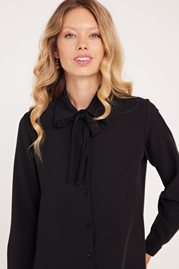 Tudors Women's Standard Fit Regular Cut Bow Tie Black Shirt