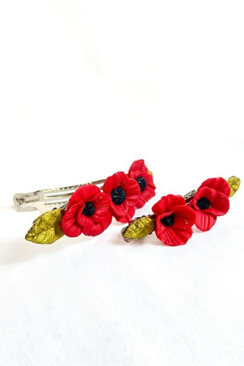 Uretti - Hülya 6683 2942 Handmade Poppy Flower Patterned Polymer Clay Set of 2 Clip-On Hair Clips /