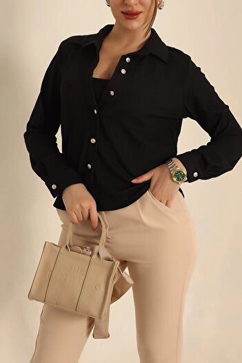 hazelin Women's Black Knitted Wrinkled Shirt Hzl25S-Bd1201601