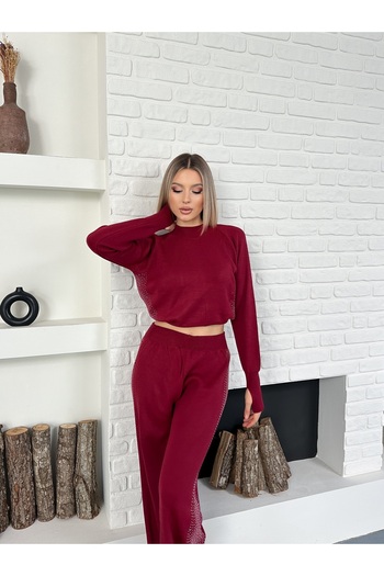 MODAMERSİ Women's Burgundy Stone Print Detailed Knitwear Bottom and Top Set