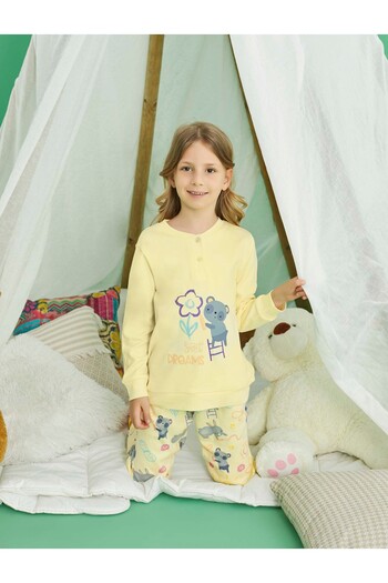 Aydoğan Girl's Yellow Pajama Set 100% Cotton Interlock Long Sleeve A13-2 - 240741 - Aydogan ®