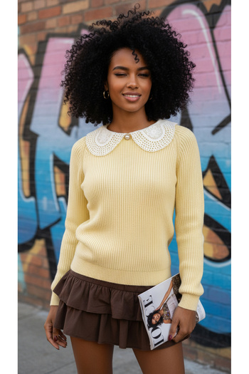NİLZA Yellow Lace Collar Pearl Button Knitwear Sweater