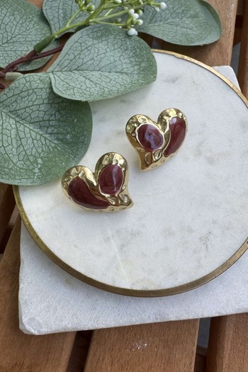 My Joyas Design Steel Burgundy Enamel Embossed Heart Earrings